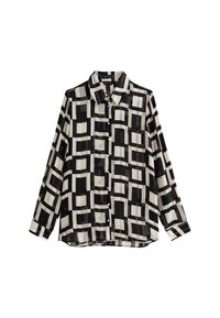 Blusa trasparente bianca e nera con un motivo geometrico, maniche lunghe, chiusura a bottoni davanti e colletto classico. Tessuto leggero.