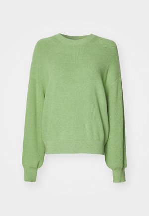 Green, ribbed knit sweater with a rounded neckline, relaxed fit, and long sleeves. Soft texture with a smooth finish.