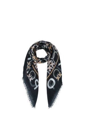 Sciarpa nera con motivi floreali e lettere beige e bianchi, piegata sciolmente con bordi sfrangiati.