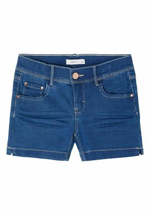 Blå denimshorts med knap foran, bæltestropper, forlommer og møntlomme samt kontrastsyning.
