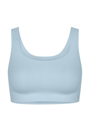 Brassière de sport bleu clair sans coutures avec larges bretelles et encolure dégagée, conçue pour le confort et le maintien lors des activités sportives.