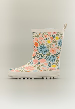 Wasserdichter Kinderstiefel mit einem mehrfarbigen Blumenmuster in Pastellfarben und weißer Sohle sowie weißem Rand.