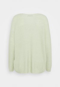 Pull tricoté vert clair à manches longues avec un col arrondi, vu de dos sur un fond blanc uni.