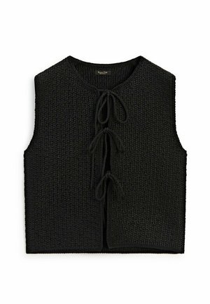 Schwarze, grob gestrickte, ärmellose Weste mit rundem Ausschnitt und drei vorderen Knotverschlüssen.