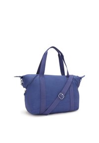 Borsa in nylon viola con doppi manici superiori e una tracolla regolabile, dotata di chiusura con zip e superficie liscia e testurizzata.