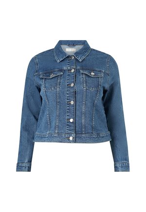 Donkerblauwe denimjas, cropped ontwerp, met een kraag, lange mouwen, knoopsluiting aan de voorkant en twee borstzakken. Textuurstof.