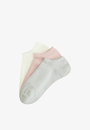 Three pairs of ankle socks in light gray, soft pink, and off-white, stacked and laid flat on a white background.