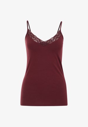 Burgundy tank top with adjustable spaghetti straps, lace detail along the neckline, and a smooth cotton blend fabric.