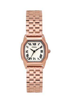 Rose gold Fossil wristwatch with rectangular face, white dial, black Roman numerals, and linked metal bracelet.