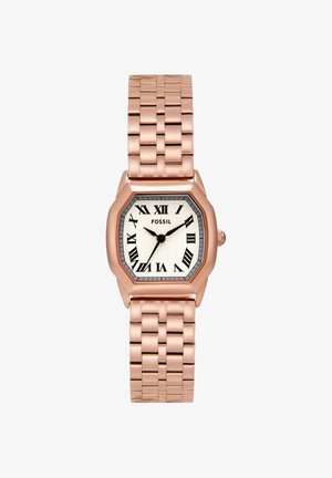Montre-bracelet Fossil en or rose avec cadran rectangulaire, cadran blanc, chiffres romains noirs et bracelet métallique à maillons.