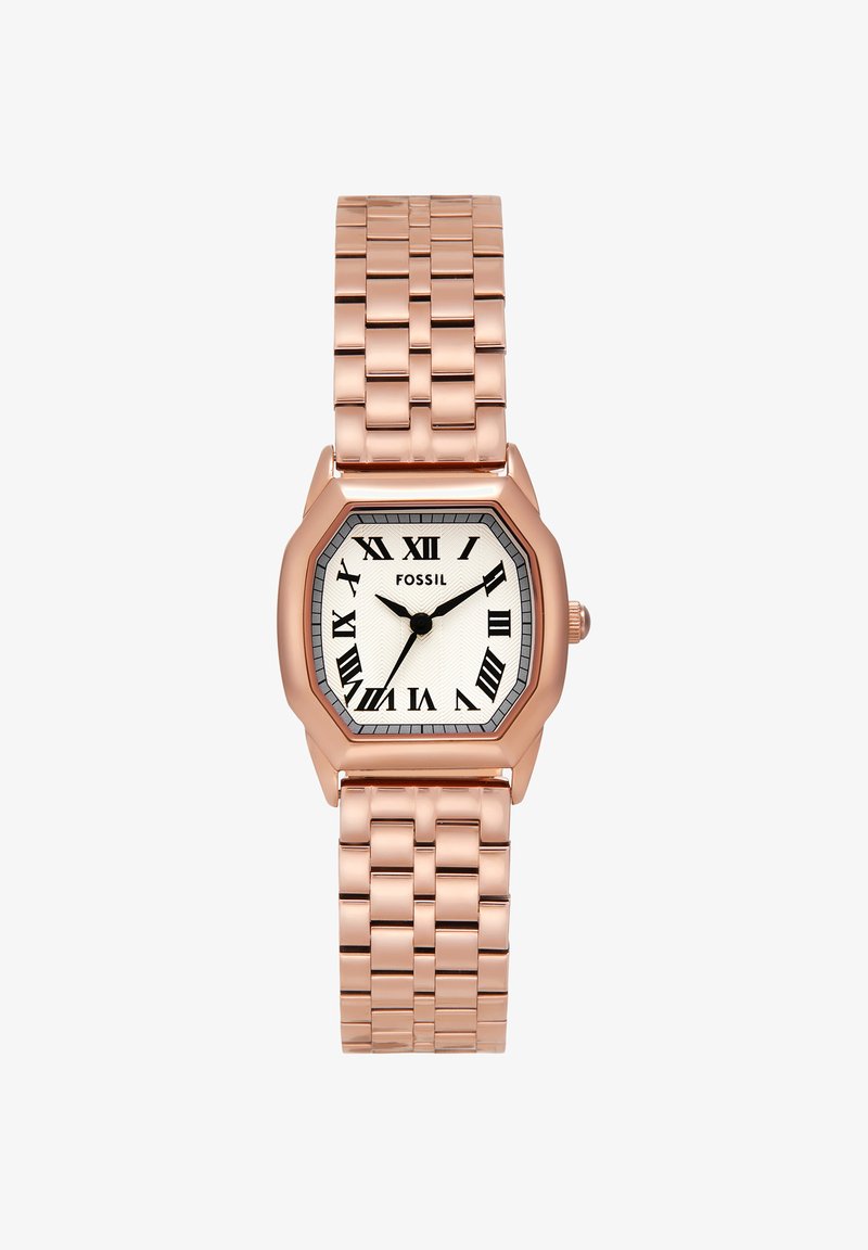 Montre-bracelet Fossil en or rose avec cadran rectangulaire, cadran blanc, chiffres romains noirs et bracelet métallique à maillons.