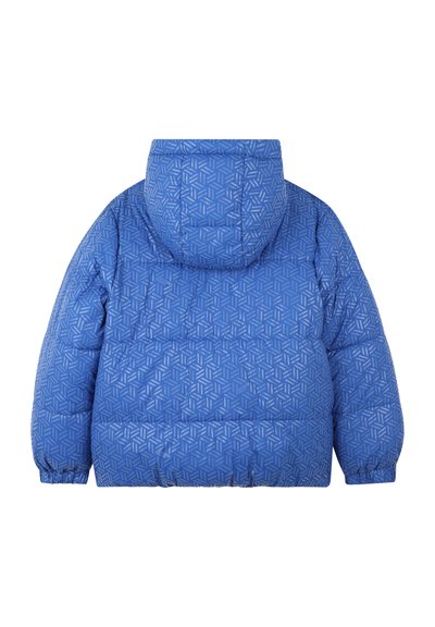 Veste doudoune bleue avec un motif géométrique, dotée d'une capuche, de poignets côtelés et d'un design matelassé pour plus de texture et de chaleur.