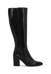 Bottes en cuir noir jusqu'aux genoux avec un bout carré, un talon en bloc et une texture lisse. Design simple sans motifs ni embellissements visibles.