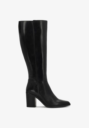 Knee-high black leather boots with a square toe, block heel, and smooth texture. Simple design with no visible patterns or embellishments.