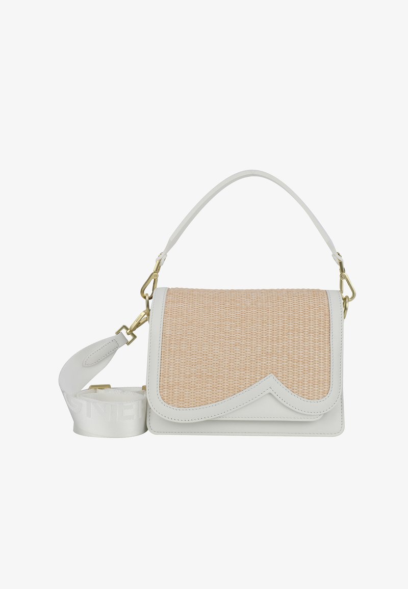 Weiße Lederhandtasche mit einem strukturierten, beige gewellten Klappverschluss, goldenen Hardware-Elementen und einem abnehmbaren Träger mit Logo. Kompakte und strukturierte Form.