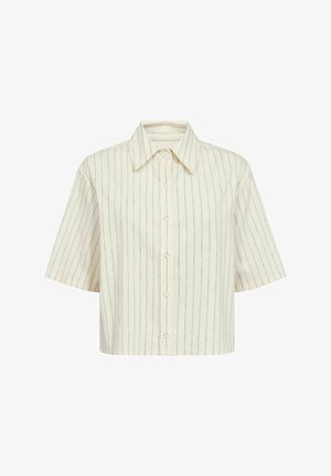 Korte ærmer, skjorte med krave i cremefarve med lodrette striber. Har knaplukning og en afslappet pasform. Fremstillet af letvægtsstof.