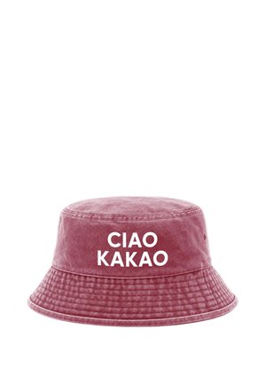 Pink bucket hat with white text "CIAO KAKAO" centered on the front, set against a plain white background.