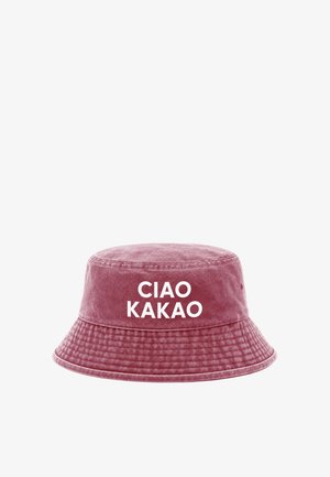 Pink bucket hat with white text "CIAO KAKAO" centered on the front, set against a plain white background.