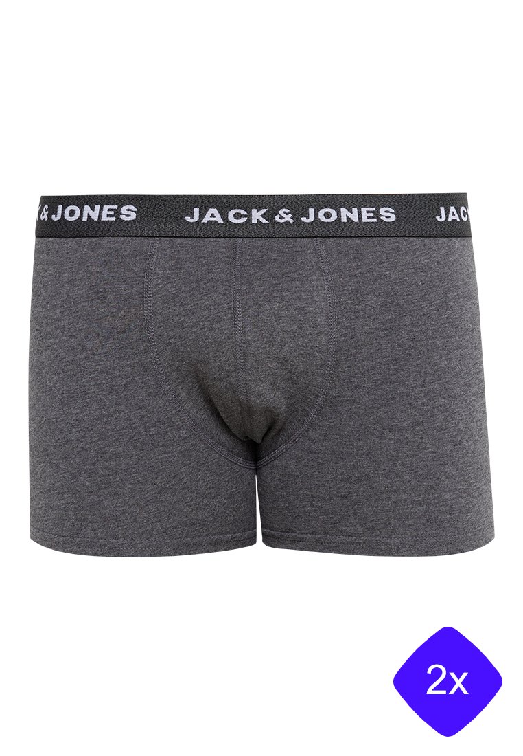 Graue Boxer-Shorts mit einem schwarzen elastischen Bund, der mit weißen "JACK & JONES"-Markenzeichen versehen ist. Hergestellt aus weichem Stoff mit glatter Textur.
