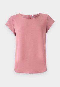 Top rosa a maniche corte con scollatura rotonda e zip sul retro, realizzato in un tessuto testurizzato, caratterizzato da una vestibilità rilassata e bordi lisci.