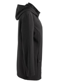 Veste noire à capuche avec une texture lisse, un design ajusté, des poches latérales et des détails de couture. Le tissu semble flexible et léger.