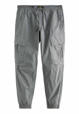 Lichtgrijze cargobroek met elastische tailleband, trekkoord, zij- en dijzakken met klep, en elastische boorden.