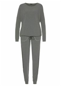 Gray loungewear set featuring a loose long-sleeve top with a round neckline and jogger pants with an adjustable drawstring and side pockets.