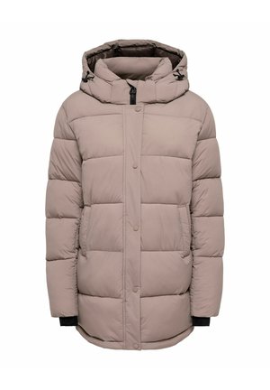 Polsterēta mauves krāsas ziemas jaka ar kapuci, priekšējo rāvējslēdzēju un aizdares ar spraudņiem, divām priekšējām kabatām un melniem iekšējiem plaukstas aproču galiem.