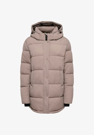 Veste d'hiver matelassée mauve avec capuche, fermeture éclair frontale et boutons-pression, deux poches avant, et poignets intérieurs noirs.