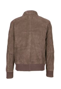 Brązowa zamszowa kurtka z prążkowanymi mankietami i pasem, widziana od tyłu.