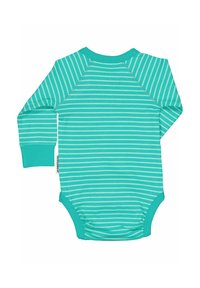 Turkosa långärmad bodysuit med vita ränder, med en ribbad halsringning och helfärgade manschetter. Mjuk bomullstyg med tryckknäppning.