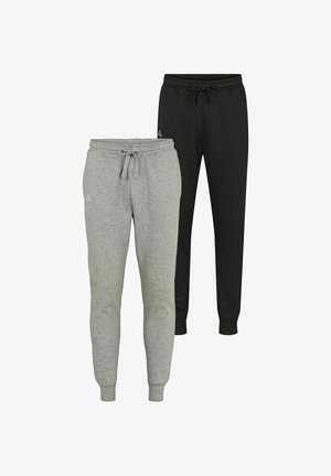 Zwei Paar Slim-Fit-Sweatpants mit Kordelzugbund, eines in Grau und eines in Schwarz, vor weißem Hintergrund.