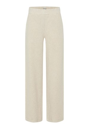 Pantalons larges en tissu beige clair et doux. Caractérisés par une taille lisse et un design minimaliste sans poches visibles ni embellissements.