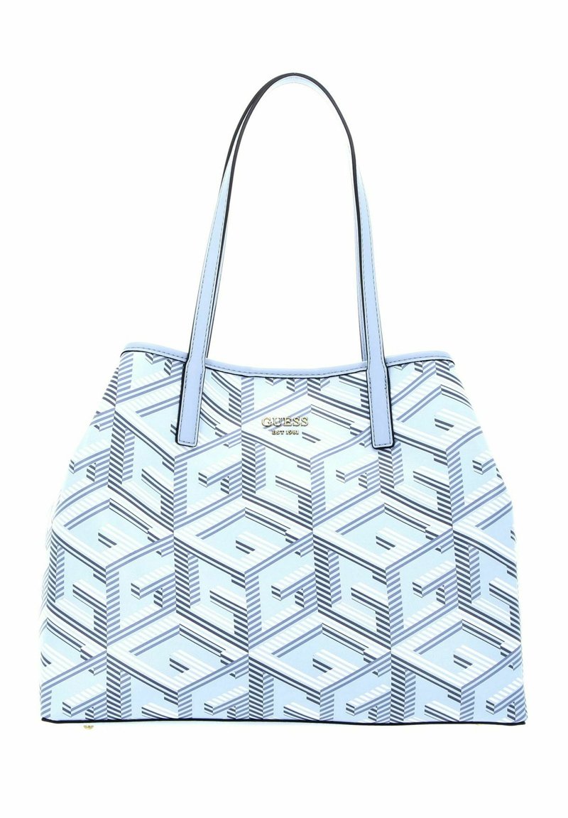 Sac cabas bleu clair avec un motif géométrique et deux longues anses, avec le logo "Guess" en lettres dorées à l'avant.