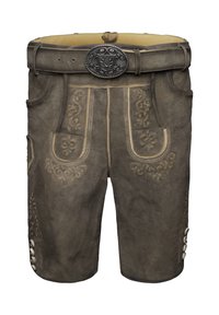 Braune Lederhosen mit traditioneller floraler Stickerei, einer silbernen Gürtelschnalle und dekorativen Knöpfen an den Seiten.