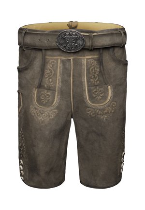 Bruna lädershorts med traditionell blommönsterbroderi, en silverbälte spänne och dekorativa knappar på sidorna.