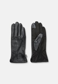 Black gloves with a leather front and fabric backing, featuring a sleek design, smooth texture, and gathered wrist for a snug fit.