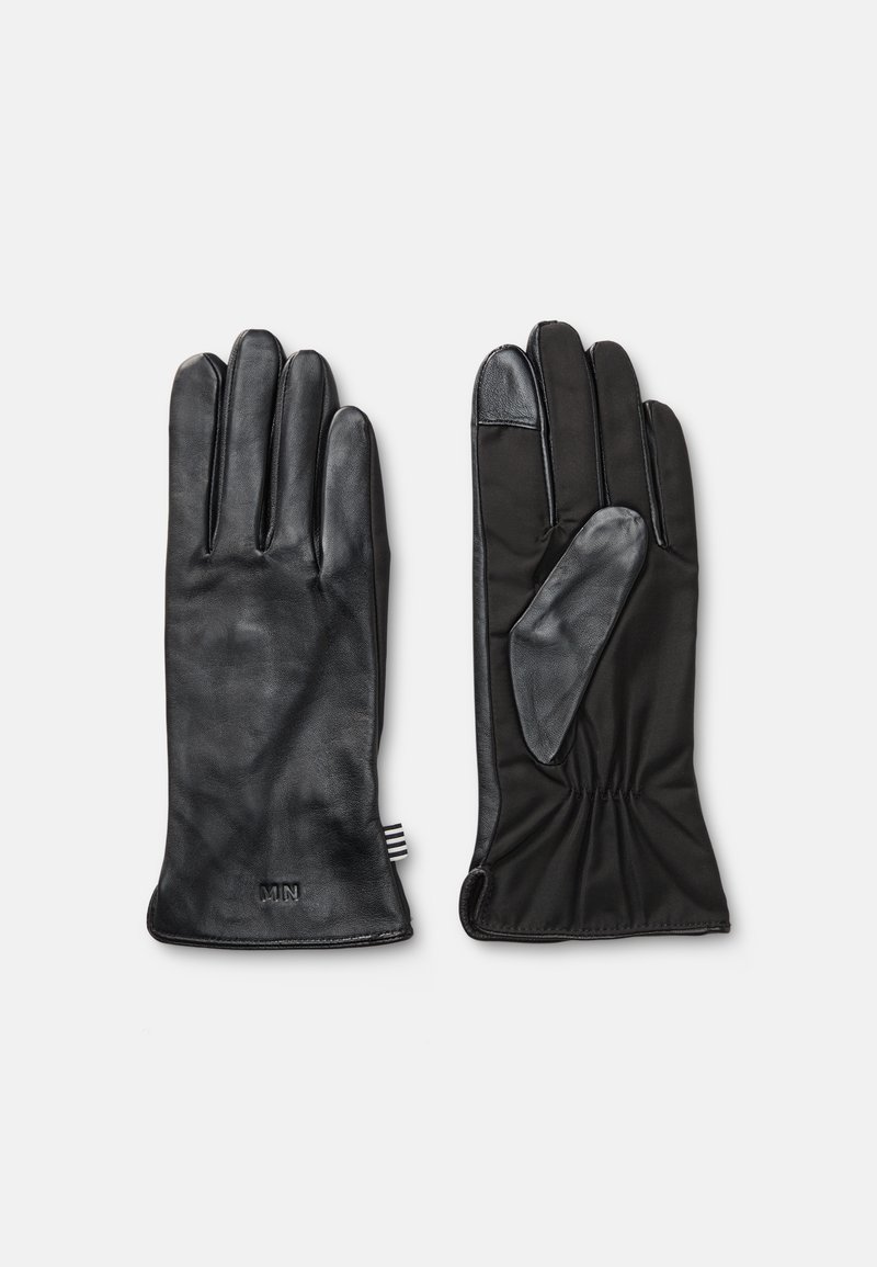 Black gloves with a leather front and fabric backing, featuring a sleek design, smooth texture, and gathered wrist for a snug fit.