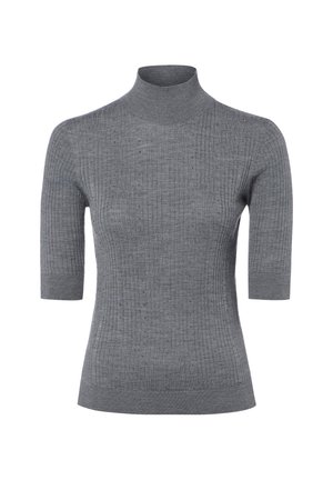 Grau gerippter Strickpullover mit halblangen Ärmeln und hohem Rundhalsausschnitt, figurbetont geschnitten.