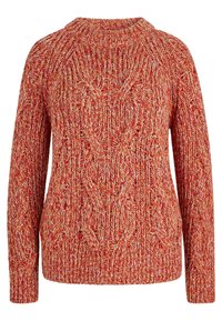 Rot-orange gefütterter Pullover mit hohem Kragen, der eine dicke Textur und einen gerippten Saum aufweist. Lange Ärmel und klassischer Schnitt.