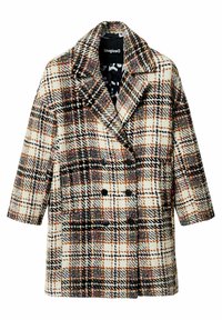 Cappotto a doppio petto di plaid nei colori crema, marrone e nero, con colletto a punta, design strutturato e tessuto texturizzato.