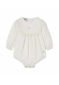 Biały body dla niemowląt z długimi rękawami, okrągłym kołnierzykiem, ozdobną koronką, fakturowaną tkaniną i trzema guzikami z przodu. Zapięcia na zatrzaski na dole.