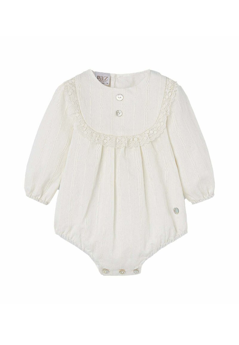 Biały body dla niemowląt z długimi rękawami, okrągłym kołnierzykiem, ozdobną koronką, fakturowaną tkaniną i trzema guzikami z przodu. Zapięcia na zatrzaski na dole.