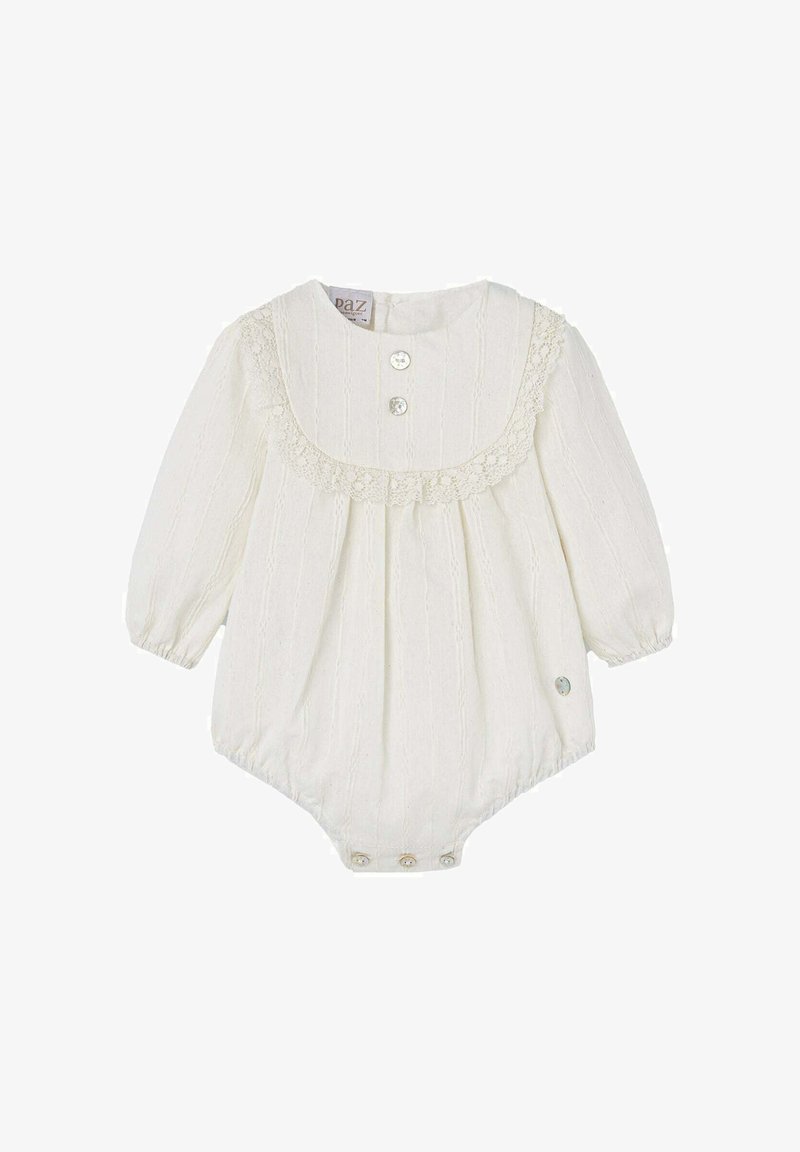 Biały body dla niemowląt z długimi rękawami, okrągłym kołnierzykiem, ozdobną koronką, fakturowaną tkaniną i trzema guzikami z przodu. Zapięcia na zatrzaski na dole.