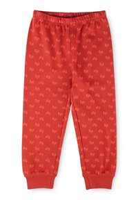 Rote Kinderhosen mit elastischem Bund und Bündchen, die ein dezentes Muster aus dunkleren roten Baumgruppen aufweisen.