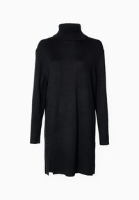 Černé dlouhé svetr šaty s rolákem, s vroubkovanými manžetami, lemem a límcem, které mají boční rozparky na dolních okrajích.