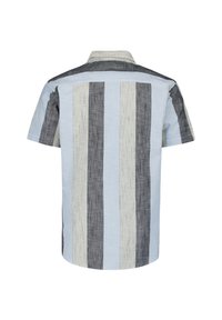 Korte mouwen shirt met verticale strepen in lichtblauw, donkergrijs en wit. De stof lijkt lichtgewicht met een gladde textuur.