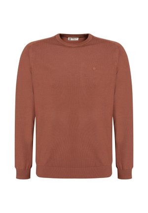 Bruine gebreide trui met een ronde halslijn, geribbelde manchetten en zoom, met een klein logo op de borst. Zachte textuur en een klassieke pasvorm.