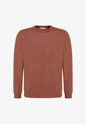 Pruunist kudumist käibemüts, mis on ümarate kaelusvarrukatega ja ribaga servadega, millel on südame kujutis rinnal. Pehme tekstuur ja klassikaline sobivus.