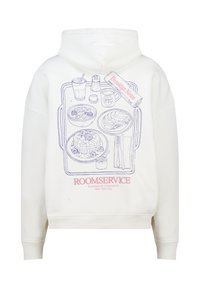 White hoodie with a blue line-drawn graphic of a breakfast tray. Features text "ROOMSERVICE" in pink, with accents of NYC and "Brooklyn News."
